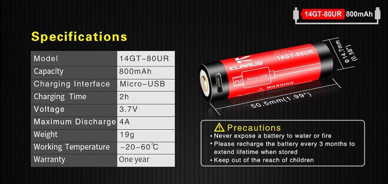 KLARUS 14GT-80UR 14500 800MAH 3.7V PROTECTED LITHIUM ION (LI-ION) HIGH-DRAIN 4A BUTTON TOP BATTERY WITH MICRO USB CHARGING PORT - Image 12