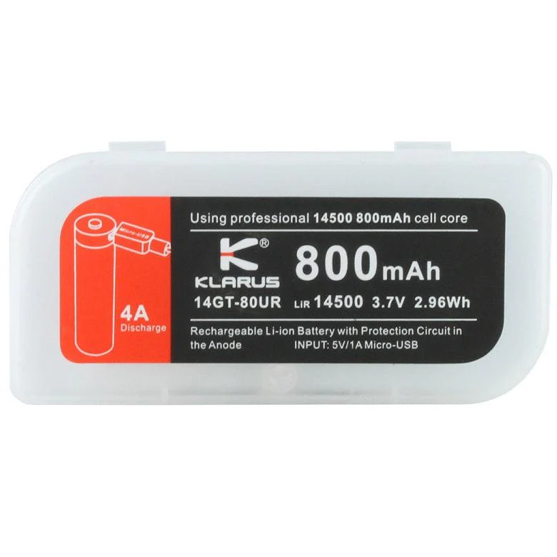 KLARUS 14GT-80UR 14500 800MAH 3.7V PROTECTED LITHIUM ION (LI-ION) HIGH-DRAIN 4A BUTTON TOP BATTERY WITH MICRO USB CHARGING PORT - Image 5