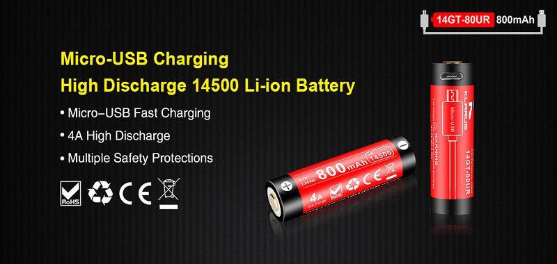 KLARUS 14GT-80UR 14500 800MAH 3.7V PROTECTED LITHIUM ION (LI-ION) HIGH-DRAIN 4A BUTTON TOP BATTERY WITH MICRO USB CHARGING PORT - Image 6