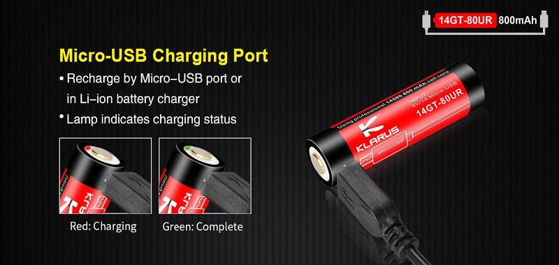 KLARUS 14GT-80UR 14500 800MAH 3.7V PROTECTED LITHIUM ION (LI-ION) HIGH-DRAIN 4A BUTTON TOP BATTERY WITH MICRO USB CHARGING PORT - Image 7