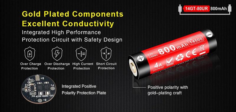 KLARUS 14GT-80UR 14500 800MAH 3.7V PROTECTED LITHIUM ION (LI-ION) HIGH-DRAIN 4A BUTTON TOP BATTERY WITH MICRO USB CHARGING PORT - Image 8