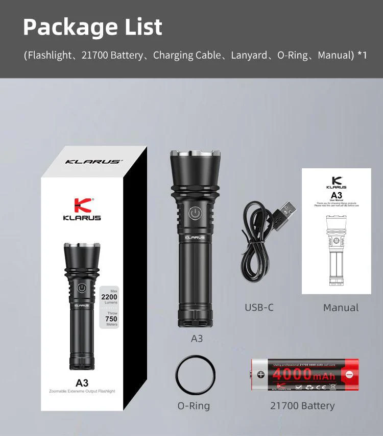 KLARUS A3 Zoomable Flashlight 2200 Lumens, 750m Throw (21700 Battery Included) - Image 20