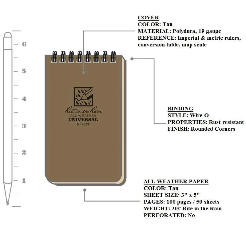 RITE IN THE RAIN TOP SPIRAL NOTEBOOK 3" X 5" - TAN (935T) - Image 5