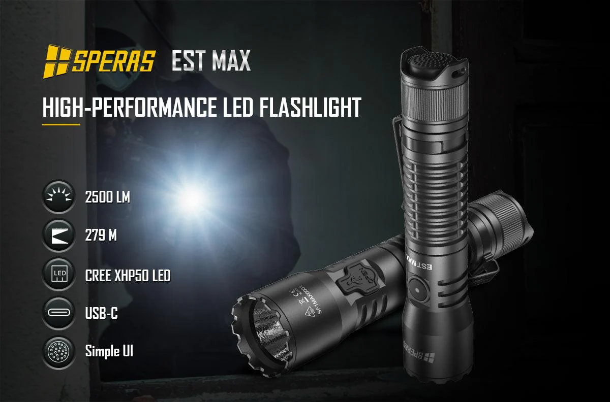 SPERAS EST MAX PROFESSIONAL TACTICAL POLICE FLASHLIGHT 2500 LUMENS, 1 x 18650 (BLACK) - Image 7