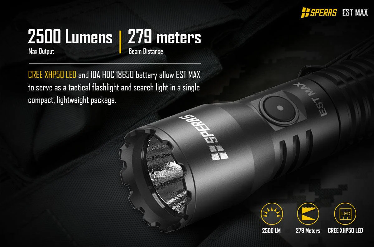SPERAS EST MAX PROFESSIONAL TACTICAL POLICE FLASHLIGHT 2500 LUMENS, 1 x 18650 (BLACK) - Image 8