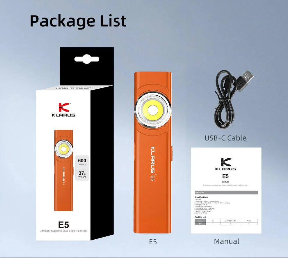 KLARUS E5 USB-C Rechargeable EDC Flashlight (600 Lumens, Magnetic Base) - Image 8
